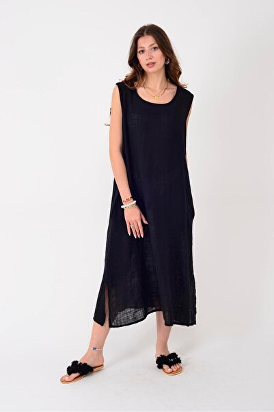 EREN STYLE İtalyan Saçak Detaylı Müslin Keteni Yırtmaçlı Elbise - Bluz & 2'li takım