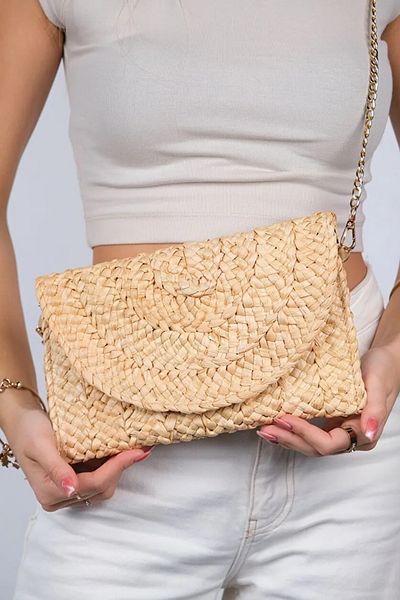 FASHION COCKTAIL Дамска чанта за лятна почивка - подплатена, вносна машинно плетена ракита с верижка и презрамка