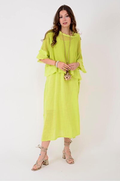 EREN STYLE فستان من قماش الموسلين بفتحة جانبية مع تفاصيل شراشيب إيطالية - بلو...