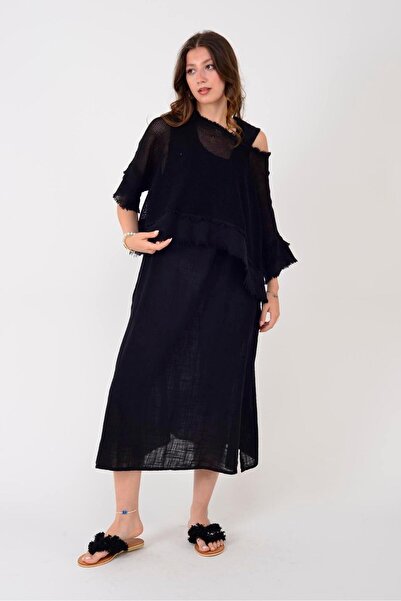 EREN STYLE İtalyan Saçak Detaylı Müslin Keteni Yırtmaçlı Elbise - Bluz & 2'li takım