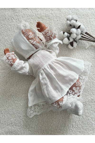 BİYA BABY Organic Muslin Fabric Lace Detailed Ecru Baby Mevlit Dress Set