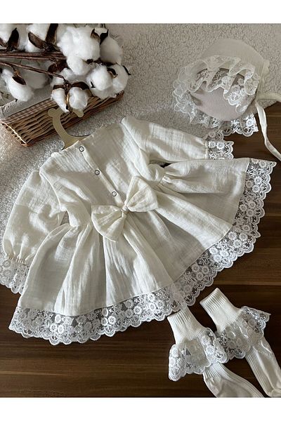 BİYA BABY Organic Muslin Fabric Lace Detailed Ecru Baby Mevlit Dress Set