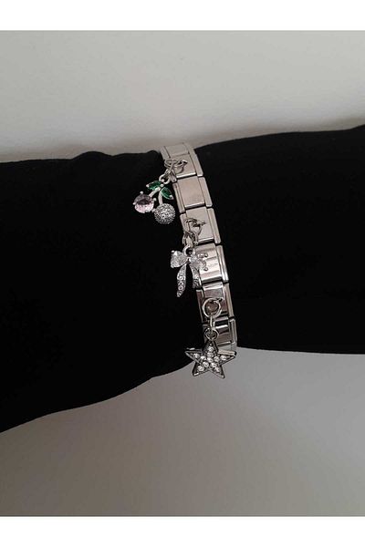 bijoux uniques Steel Italian Charm Bracelet with Cherry & Ribbon & Star Figures