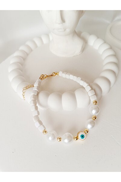 La fee aksesuar Pearl Bracelet with Evil Eye Bead Detail