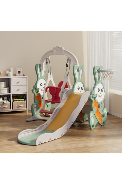 FULLJOY Bunny Slide with Swing, Climbing Ladder and Basketball Hoop 4*1, 170*140*112 cm Green