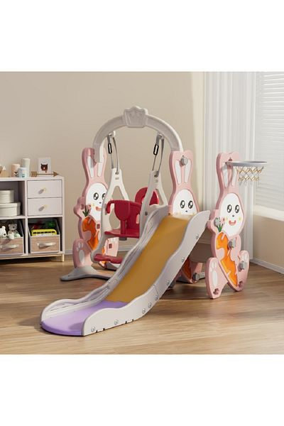 FULLJOY Bunny slide with swing, climbing ladder and basketball ring 4*1, 170*140*112 cm