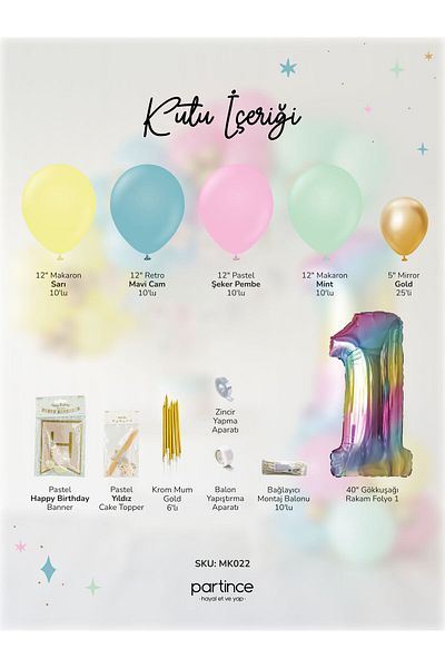 partince Σετ πάρτι Rainbow Chain με μπαλόνι γενεθλίων 1 έτους