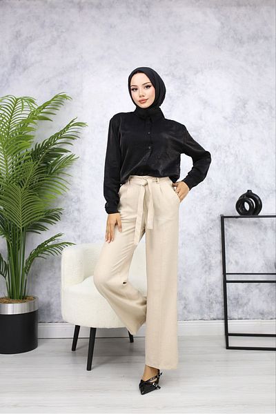 HANIMCA GİYİM Full Summer Linen Trousers - Belt Detailed