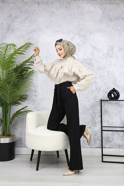 HANIMCA GİYİM Full Summer Linen Trousers - Belt Detailed