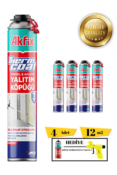 Akfix Thermcoat Poliüretan Termal Isı Ve Ses Yalıtım Sprey Köpük 4 Ad. Tabanca Ve Temizleyici Hediye