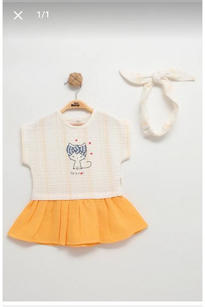 Mini Baray Baby Girl Summer Muslin Dress with Cat Printed Bandana and Back Clips