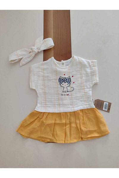 Mini Baray Baby Girl Summer Muslin Dress with Cat Printed Bandana and Back Clips