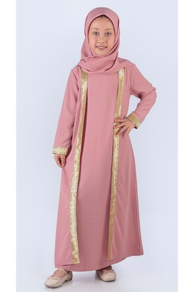 Mnk Baby&Kids Medine İpek Kumaş Eşarplı Tesettür Namaz Elbise M00742 PEMBE