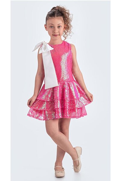 Mnk Baby&Kids Yaka Fiyonk Işıltılı Pul Payet Kumaş Kız Çocuk Abiye Elbise M00702 FUŞYA