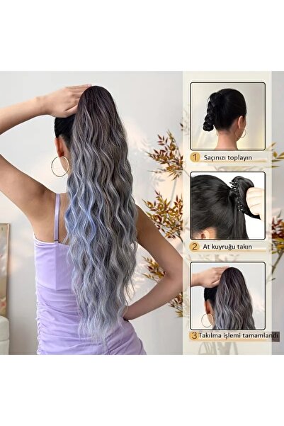 NeednStore Mavi Ton Ombre 60 Cm Dalgalı Mandallı At Kuyrugu Peruk Saç - 1. Kalite Sentetik Dayanıklı Malzeme