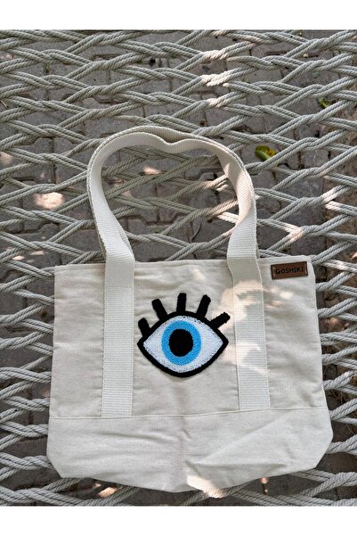 Goshıkı Handmade Eye Patterned White Linen Shoulder Bag/Eye Patterned Punch C...