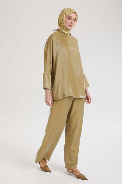 Armine TREND New Season Spanish Sleeve Shiny Tunic and Elastic Waist Fabric Pants Top and Bottom Set