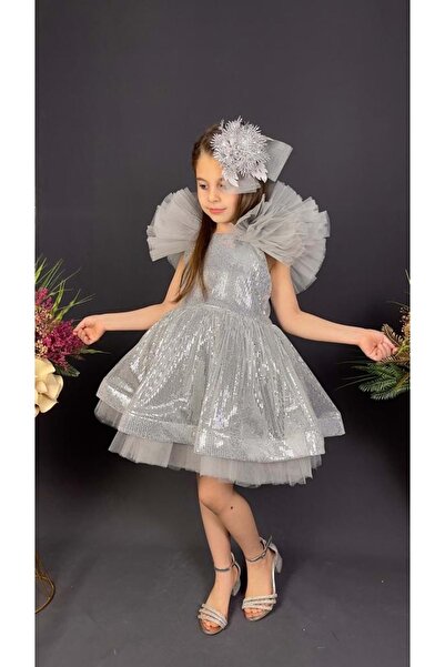 Mnk Baby&Kids Κοριτσίστικο φόρεμα με παγιέτα μανίκι Peacock MNK0537 ΓΚΡΙ