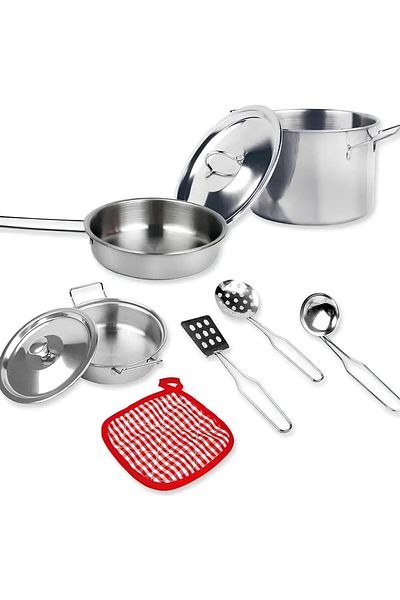 SCOWETTO Stainless Steel Pot And Pan Accessory Set 11 Pieces Metallic Toy Kitchen Accessories