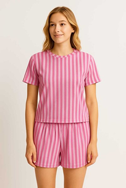 unbranded Pink Striped Short Sleeve Shorts Women's Pajama Set
