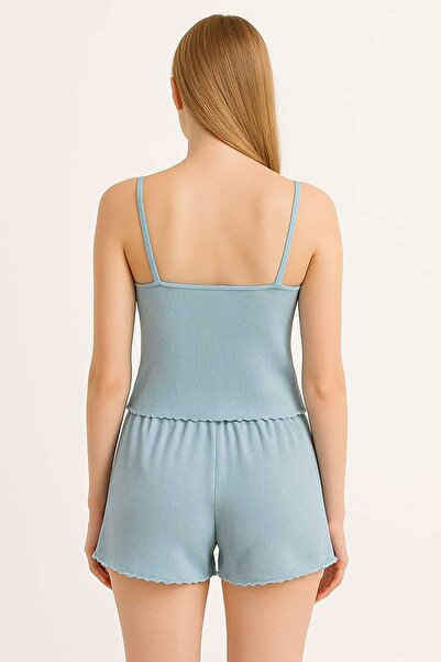 unbranded Blue Bow Detailed Strap Shorts Cotton Pajama Set