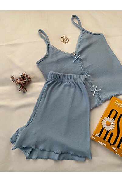 unbranded Blue Bow Detailed Strap Shorts Cotton Pajama Set