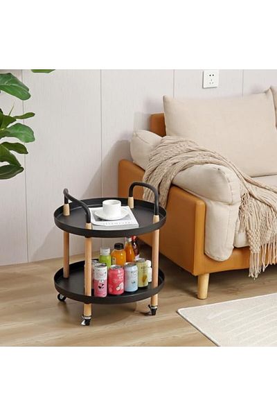 Lawazim 2-tier Round Side Table – Black End Table With Wheels & Handles For Living Room Or Bedroom