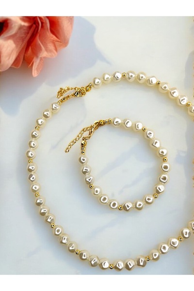 GIHANDMADE Jewelry Set Gold Tone Pearl Necklace and Bracelet Modern Elegant Women's Jewelry Set
