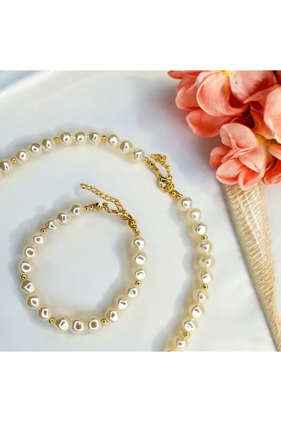GIHANDMADE Jewelry Set Gold Tone Pearl Necklace and Bracelet Modern Elegant Women's Jewelry Set