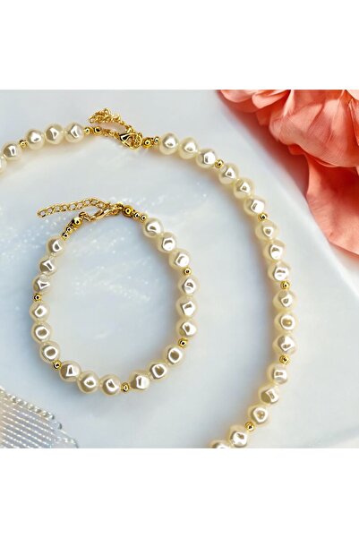 GIHANDMADE Jewelry Set Gold Tone Pearl Necklace and Bracelet Modern Elegant Women's Jewelry Set