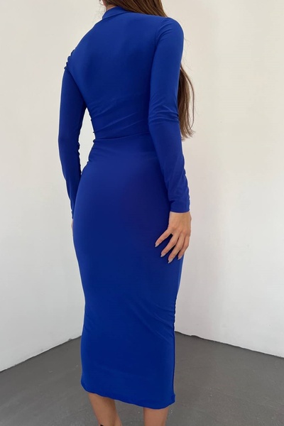 WOMAN VISION Dámský elastický tyl z pískové tkaniny nízkého střihu s detailním stojáčkem, dlouhý rukáv, modré šaty v midi délce 10957