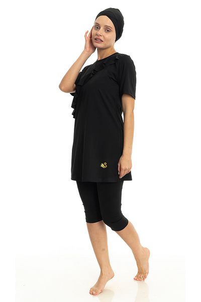 Differend Short Sleeve Semi-Covered Hijab Swimsuit with Ruffle Detail