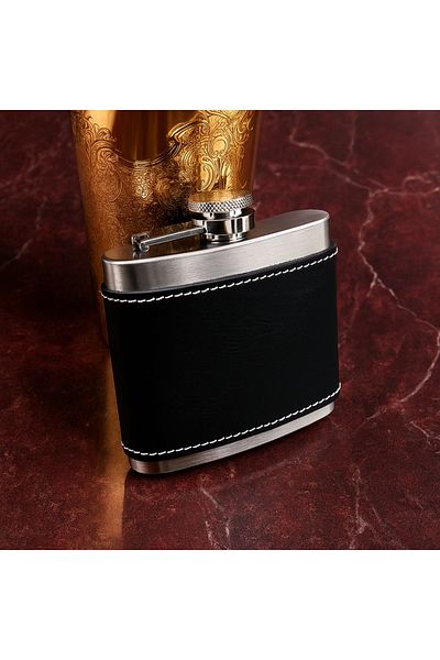 PERLOTUS Steel Whiskey Drink Cognac Flask with Black Leather 5 Oz-150 Cc Funnel Christmas Gift