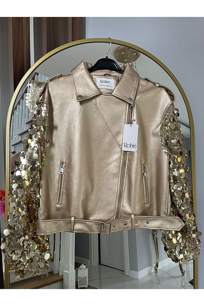 Robin Gold Sequin Detailed Leather Jacket