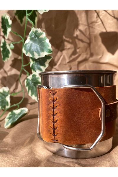 ALESTA LEATHER (Writing Name) Handmade Genuine Leather Covered Steel Camping Cup / Mug / Mug - Single