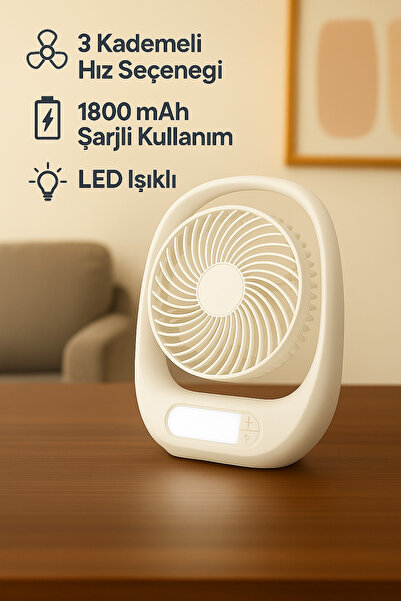 Enshall Yeni Model 3 Kademeli Auhma Masaüstü Ev Ofis Fanı 1800 mAh Şarjlı Led Işıklı Vantilatör