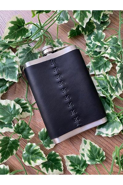 ALESTA LEATHER (Writing Name) Father's Day Gift Camping Set - Genuine Leather Covered Flask and Camping Cup
