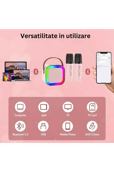 OEM Portable Karaoke Microphone with Bluetooth, RGB Lighting, 6W Speaker, USB-C, AUX, MicroSD Card, Pink