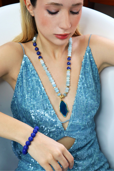 LARA ARI Aquamarin & Lapis Lazuli - Akik Uçlu Kolye & Lapis Bileklik
