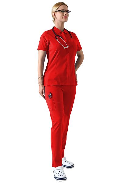 BEDUCA Red Lycra Polo Collar Snap Fastener Nurse Uniform Set, Esthetician and Beauty Center Outfit
