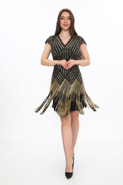 GATSBYLADY LONDON Ann Flapper Dress – Black & Gold Sequin Fringe Party Dress