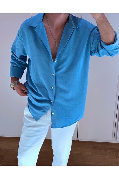 King Brothers Ανδρικό πουκάμισο μπλε Loose Fit Oversize Linen Look Ayrobin