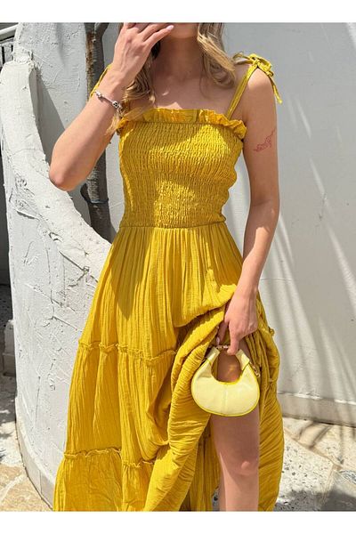 İLKCET MODA Gipeli Μακρύ Γυναικείο Κίτρινο Φόρεμα με βολάν