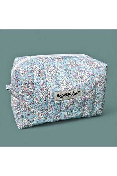 Ayza Stüdyo Mavi Çıtır Çiçekli Büyük Boy Makyaj Aksesuar Çantası