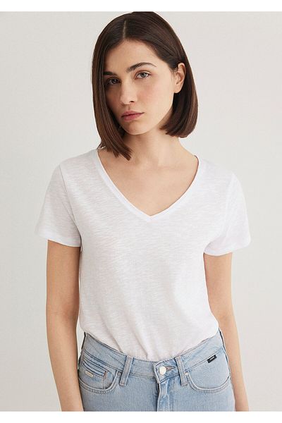 Mavi Біла майка з V-подібним вирізом Flamed Slim Fit Tisort 168260620