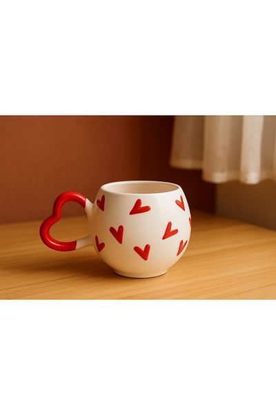 İZart Heart Handle Red Heart Patterned Custom Embossed Hand Embroidered Ceramic Mug