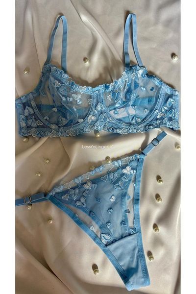 Lessya Set bralet din dantelă cu model de inimă albastră (sutien și tanga)