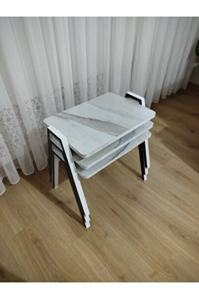 GÜVENÇ Zigon Sehpa 3'Lü Mermer Desenli Tepsi Model