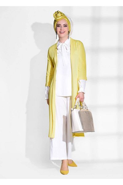 TRENDTESETTÜR Yellow Women's Cardigan - Side Slit Detail, Model 124