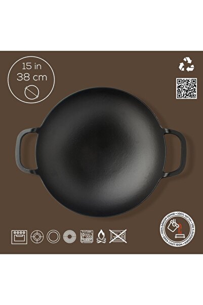 Lava Döküm Yuvarlak Wok Döküm Demir Yekpare Çift Kulplu Çap(Ø)38cm.